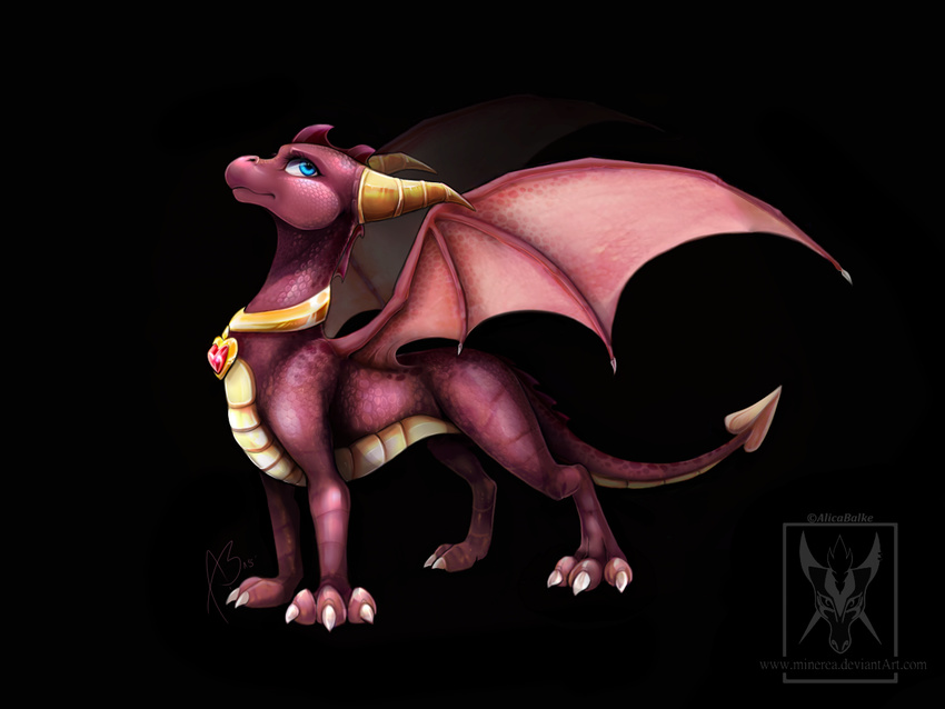 2015 black_background blue_eyes claws dragon ember female feral horn looking_up minerea pendant pink_scales plain_background scalie smile solo spread_wings spyro_the_dragon standing video_games watermark wings