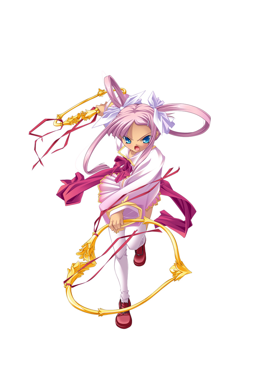 blue_eyes cropped_jacket dual_wielding fighting_stance full_body highres hikage_eiji holding koihime_musou long_hair midriff miniskirt open_mouth pink_hair ribbon shoes skirt solo sonshoukou thighhighs transparent_background twintails very_long_hair weapon