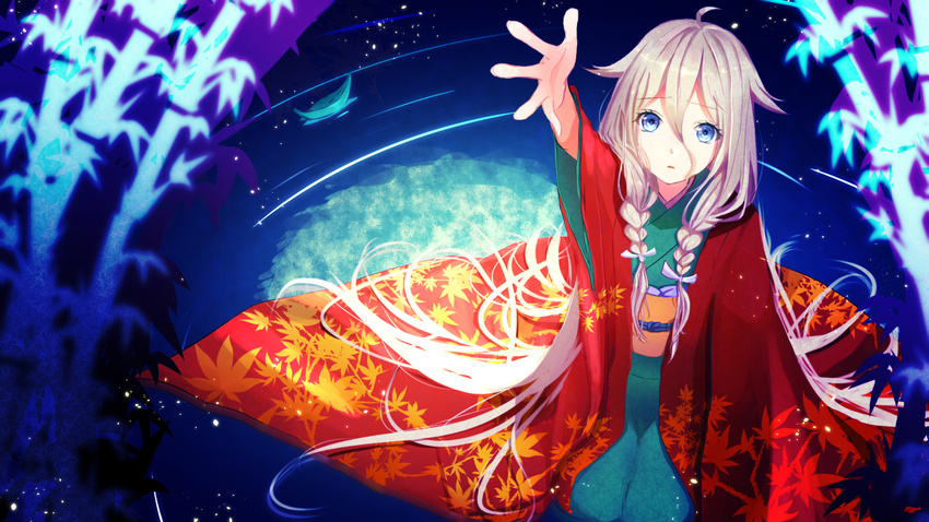 blue_eyes braid highres ia_(vocaloid) japanese_clothes kimono long_hair nekomaaro outstretched_arm pink_hair ripples solo twin_braids very_long_hair vocaloid
