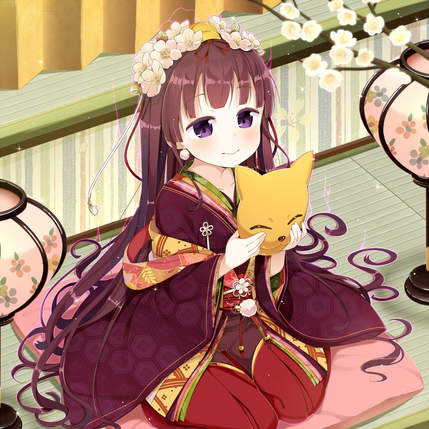 blush brown_hair cushion flower fox_mask hair_flower hair_ornament japanese_clothes kidatsu!_dungeons_lord kimono layered_clothing layered_kimono long_hair looking_at_viewer mask muku_(muku-coffee) original purple_eyes seiza sitting smile solo sparkle tatami zabuton