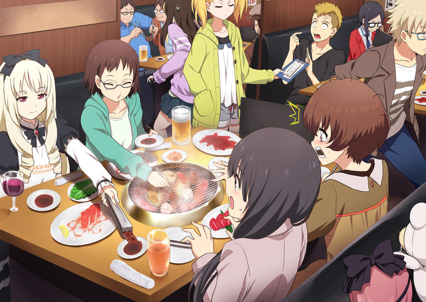 6+girls andou_tsubaki black_hair blonde_hair blush brown_hair chopsticks clipboard closed_eyes eating food grill highres hiraoka_daisuke iguchi_yumi katsuragi_goutarou kinoshita_seiichi kunogi_ai long_hair matanonki md5_mismatch meat mimuji_(shirobako) multiple_boys multiple_girls ogasawara_rinko open_mouth pointing pointing_at_self receipt roro_(shirobako) satou_sara sauce shirobako smile steam takanashi_tarou tears tongs watanabe_shun yakiniku yano_erika yasuhara_ema