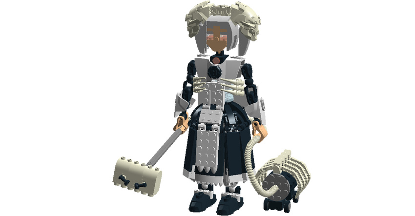 apron bloody_marie_(skullgirls) dress hair_ornament hero_factory lego maid maid_headdress silver_hair skull skull_hair_ornament skullgirls twintails vacuum_cleaner