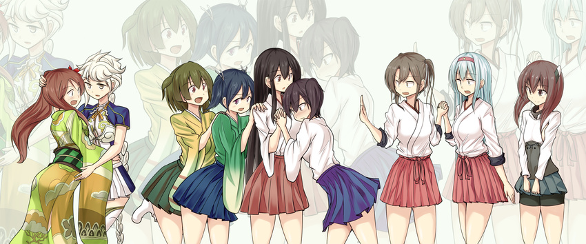 akagi_(kantai_collection) amagi_(kantai_collection) bike_shorts blue_eyes blue_hair braid breasts brown_eyes brown_hair cloud_print crop_top embarrassed floral_print flower furisode girl_sandwich hair_flower hair_ornament hakama_skirt headband headgear highres hiryuu_(kantai_collection) holding_hands interlocked_fingers japanese_clothes kaga_(kantai_collection) kantai_collection kimono large_breasts light_smile long_hair looking_at_another looking_back looking_down midriff miniskirt multiple_girls no_legwear onmyouji open_mouth pleated_skirt ponytail sandwiched shamisen_(syami_sen) short_hair short_twintails shoukaku_(kantai_collection) side_ponytail silver_hair single_braid skirt souryuu_(kantai_collection) taihou_(kantai_collection) thighhighs twintails unryuu_(kantai_collection) v_arms very_long_hair wide_sleeves yellow_eyes yuri zettai_ryouiki zoom_layer zuikaku_(kantai_collection)