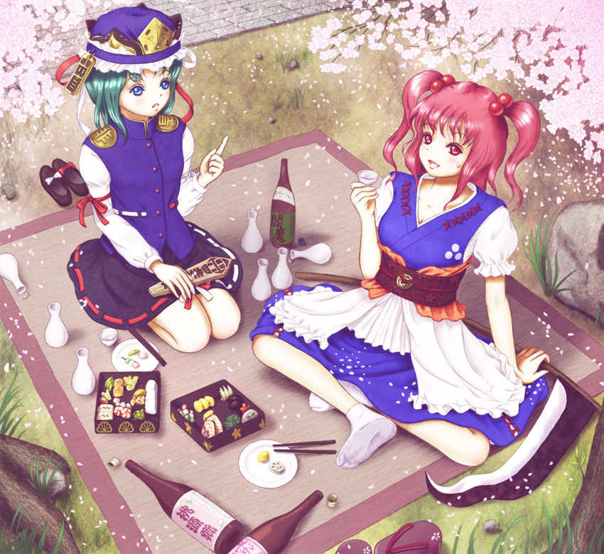 armband blanket blue_eyes bottle cherry_blossoms choko_(cup) chopsticks cup dress epaulettes grass green_hair hair_bobbles hair_ornament hat hat_ribbon index_finger_raised indian_style kurage_(artist) layered_dress long_sleeves looking_at_another looking_up multiple_girls obentou omelet onozuka_komachi petals picnic plate puffy_short_sleeves puffy_sleeves red_eyes red_hair ribbon rock rod_of_remorse sandals_removed scythe seiza shiki_eiki shoes_removed short_hair short_sleeves sitting skirt skirt_set sweatdrop tabi tamagoyaki tokkuri touhou tree tree_branch two_side_up