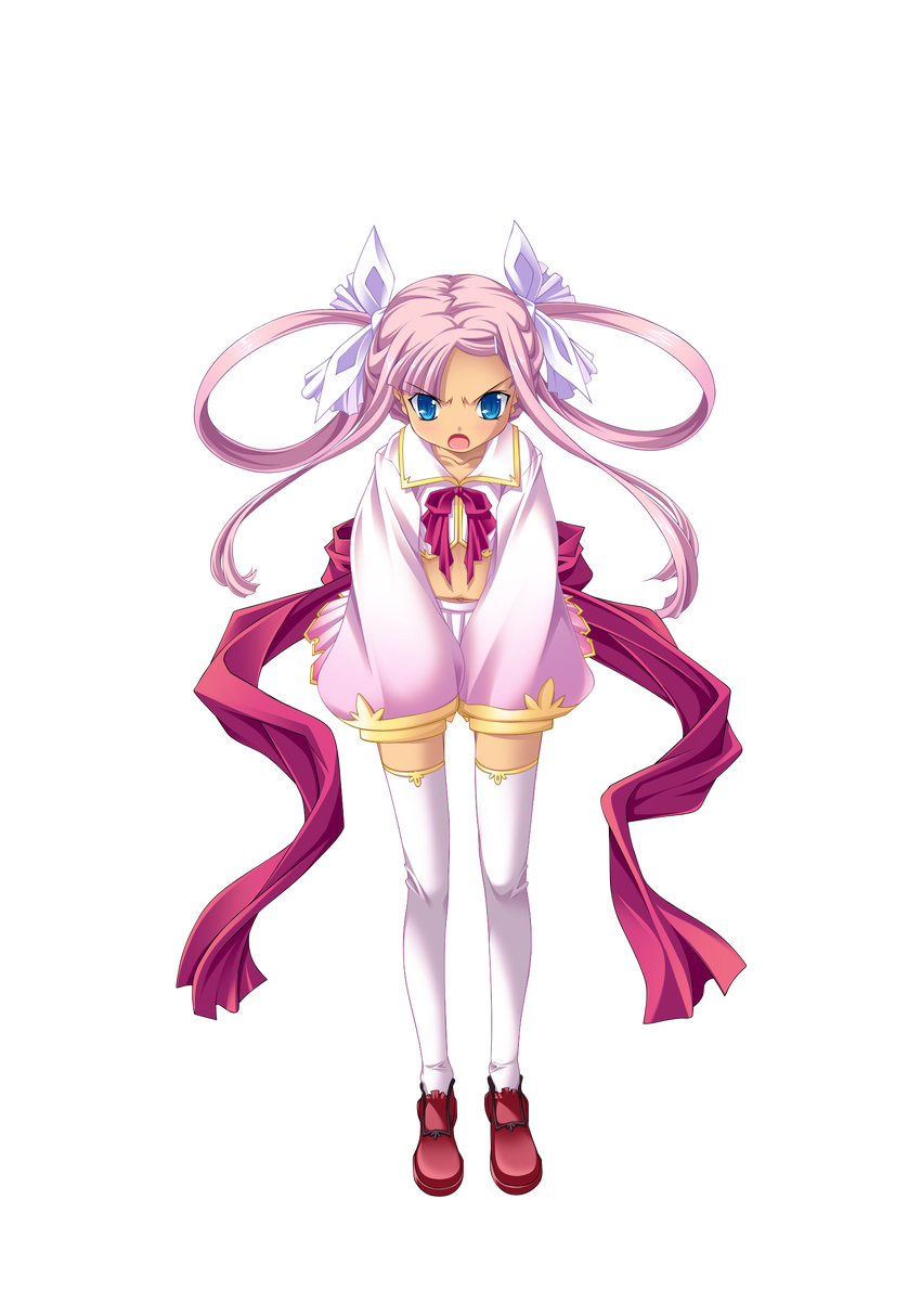 blue_eyes cropped_jacket full_body highres hikage_eiji koihime_musou leaning_forward long_hair midriff miniskirt navel open_mouth pink_hair ribbon shoes skirt sleeves_past_wrists solo sonshoukou thighhighs transparent_background twintails very_long_hair zettai_ryouiki