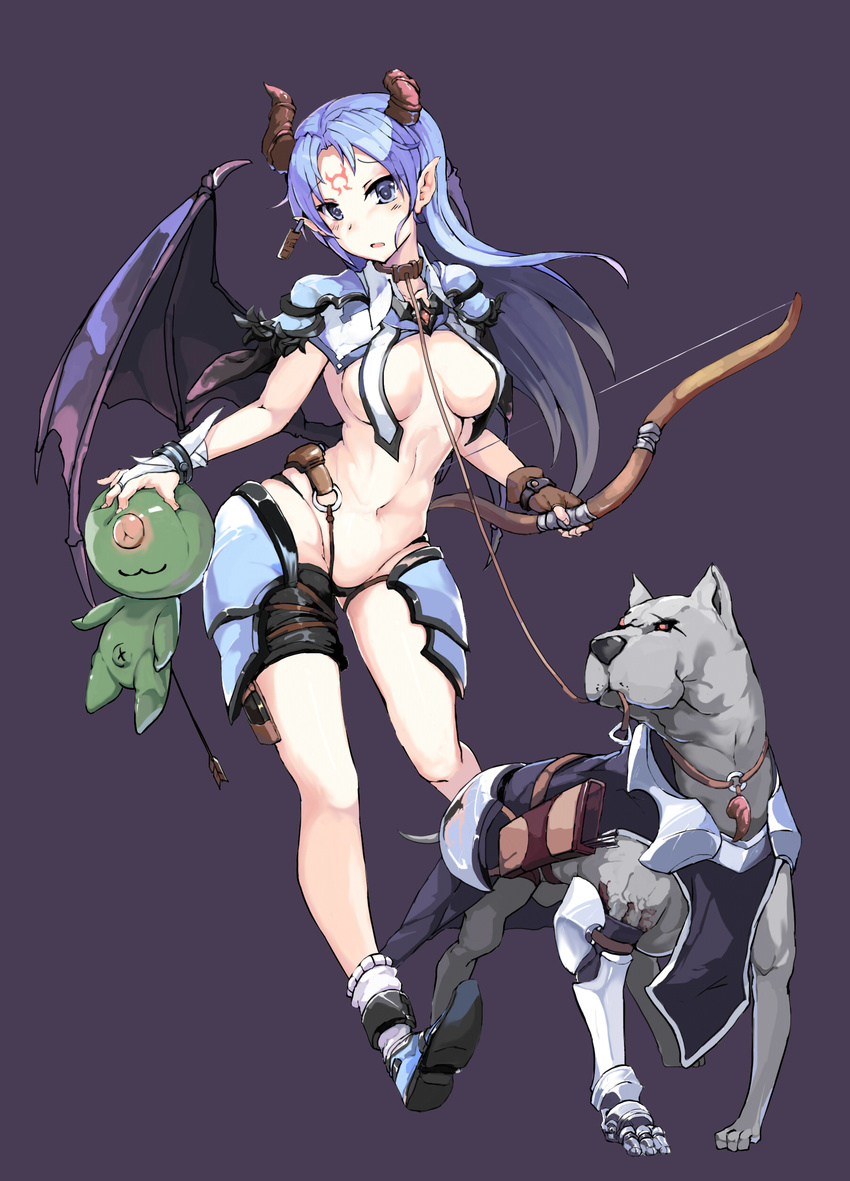 463_jun :3 absurdres animal armor arrow bikini_armor black_panties bow_(weapon) breasts bridal_gauntlets broken_horn brown_gloves clothed_animal collar convenient_censoring demon_girl demon_horns demon_wings dog doll facial_mark fingerless_gloves gloves highres horns impaled large_breasts leash long_hair navel original panties pointy_ears prosthesis purple_eyes purple_hair revealing_clothes ribbon simple_background single_glove underwear very_long_hair weapon wings