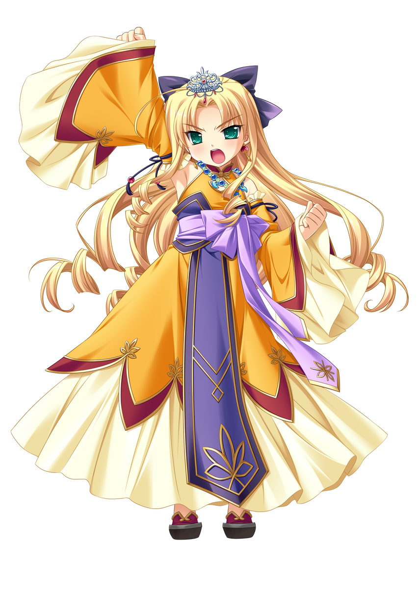 absurdres arm_up armpits blonde_hair crown curly_hair detached_sleeves dress earrings enjutsu full_body green_eyes highres jewelry koihime_musou long_hair necklace open_mouth ribbon saeki_hokuto solo transparent_background