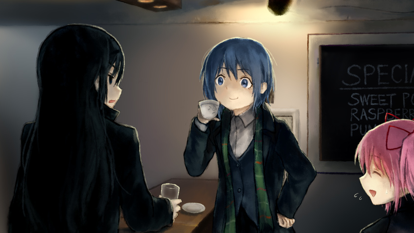 akemi_homura blue_eyes blue_hair closed_eyes cosplay crossover cup drinking_glass eyebrows_visible_through_hair hair_ribbon hand_on_hip highres holding holding_cup kaname_madoka long_sleeves mahou_shoujo_madoka_magica md5_mismatch miki_sayaka multiple_girls open_mouth pink_hair red_ribbon ribbon sherlock_(bbc) shina_(be_dulgi) shirt teacup twintails waistcoat white_shirt