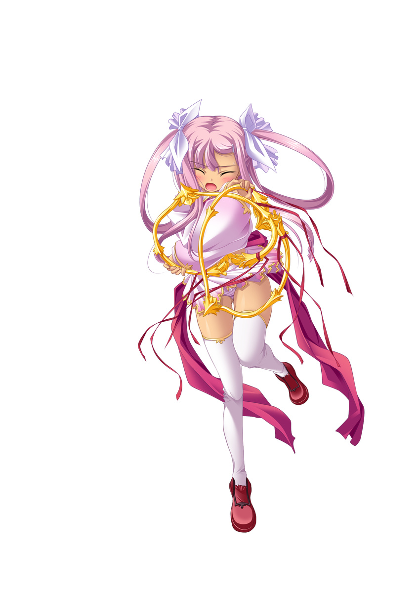 blocking blush closed_eyes cropped_jacket dual_wielding full_body highres hikage_eiji holding koihime_musou long_hair midriff miniskirt open_mouth panties pantyshot pink_hair ribbon shoes skirt solo sonshoukou striped striped_panties thighhighs transparent_background twintails underwear very_long_hair weapon wince wind wind_lift