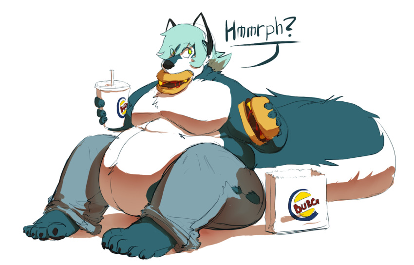 ? anthro barefoot belly belly_overhang beverage big_belly blue_fur blue_hair burger canine claws clothed clothing dialogue food fox fur hair holding_beverage holding_food holding_object joe_(joebluefox) joebluefox long_tail love_handles male mammal moobs obese obese_male overweight overweight_male simple_background sitting solo text thick_thighs toe_claws topless torn_clothing white_background white_fur wide_hips