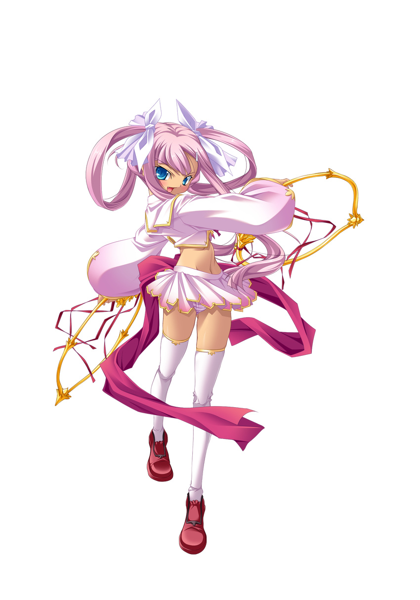 blue_eyes cropped_jacket dual_wielding fang fighting_stance full_body highres hikage_eiji holding koihime_musou long_hair midriff miniskirt navel open_mouth panties pantyshot pink_hair ribbon shoes skirt smile solo sonshoukou striped striped_panties thighhighs transparent_background twintails underwear very_long_hair weapon wind wind_lift