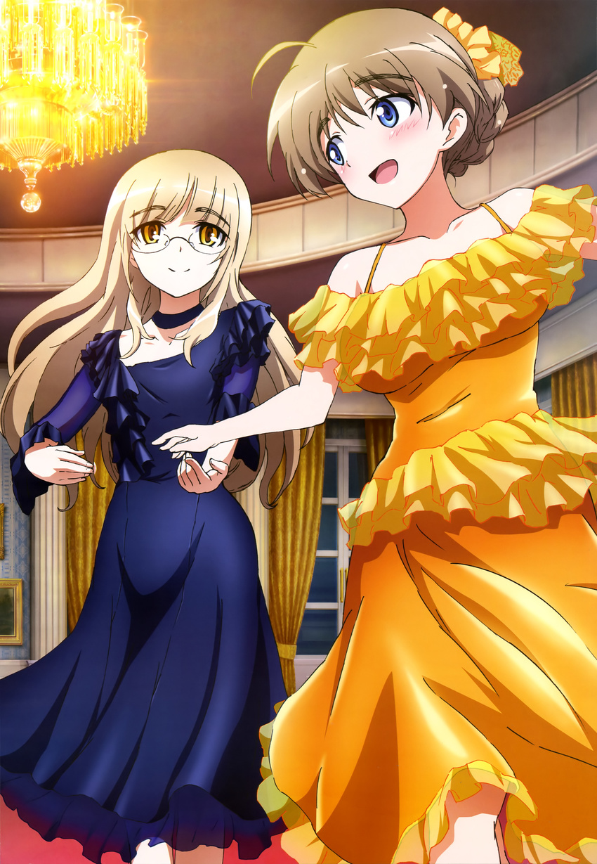 absurdres ahoge bare_shoulders blonde_hair blue_dress blue_eyes blush braid brown_hair chandelier choker dress french_braid frills glasses gown hair_ornament highres indoors long_hair looking_at_viewer lynette_bishop multiple_girls nyantype official_art open_mouth orange_dress perrine_h_clostermann smile strike_witches world_witches_series yellow_eyes