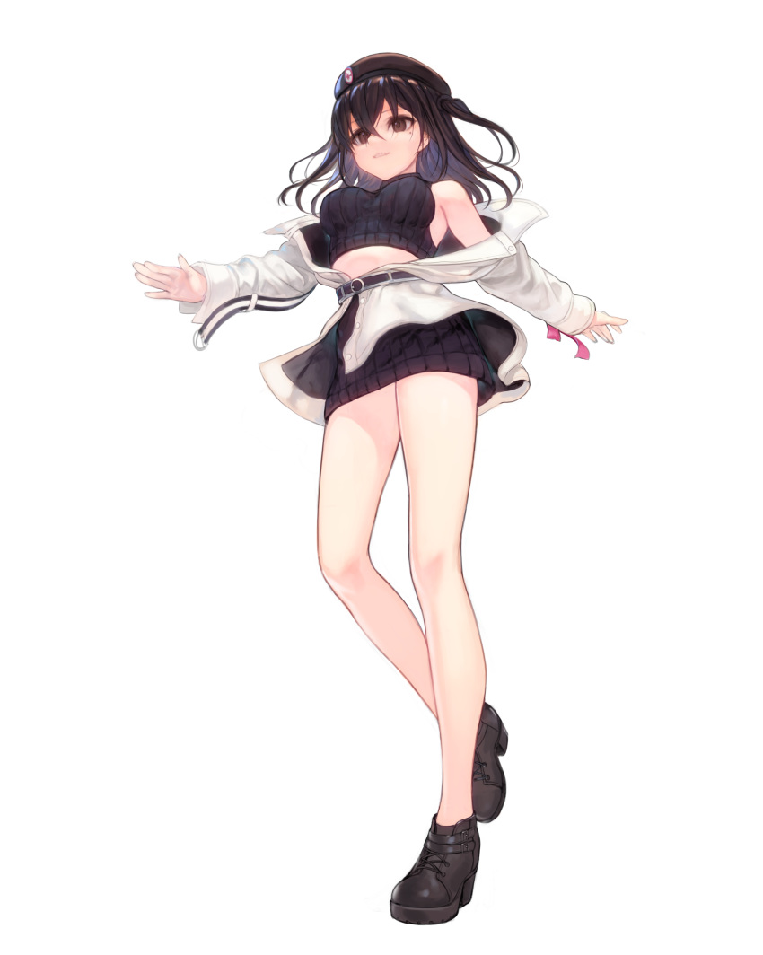 1girl absurdres bangs bare_legs bare_shoulders belt black_footwear black_skirt black_sweater brown_eyes brown_hair commentary_request crop_top egk513 eyebrows_visible_through_hair floating_hair full_body grin hair_between_eyes highres idolmaster idolmaster_cinderella_girls jacket long_hair long_sleeves midriff miniskirt mole mole_under_eye off_shoulder open_clothes open_jacket ribbed_sweater sharp_teeth shoes sidelocks simple_background skirt sleeveless sleeves_past_wrists smile solo sunazuka_akira sweater teeth thighs two_side_up white_background white_jacket