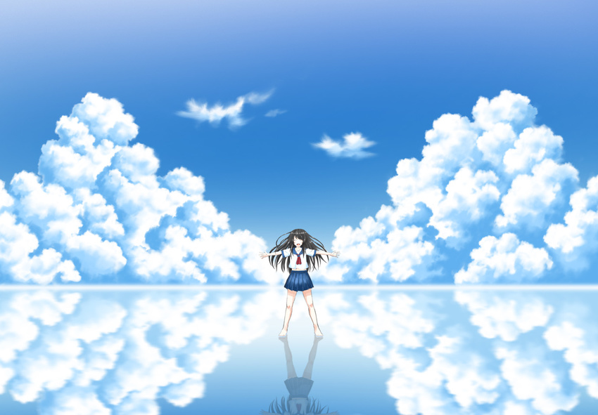 barefoot black_hair closed_eyes cloud day long_hair nakochi_(kimonakochi) open_mouth original outstretched_arms pleated_skirt reflection school_uniform serafuku skirt sky smile solo spread_arms standing standing_on_liquid