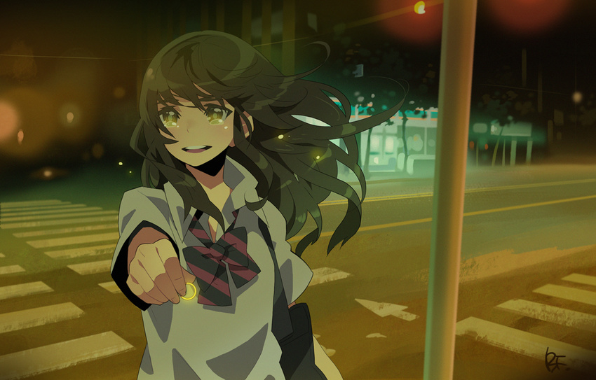 bag bf._(sogogiching) black_hair bow bowtie commentary crosswalk foreshortening hands jewelry night open_collar original ring road shoulder_bag signature smile solo street tears traffic_light vanishing_point wind yellow_eyes
