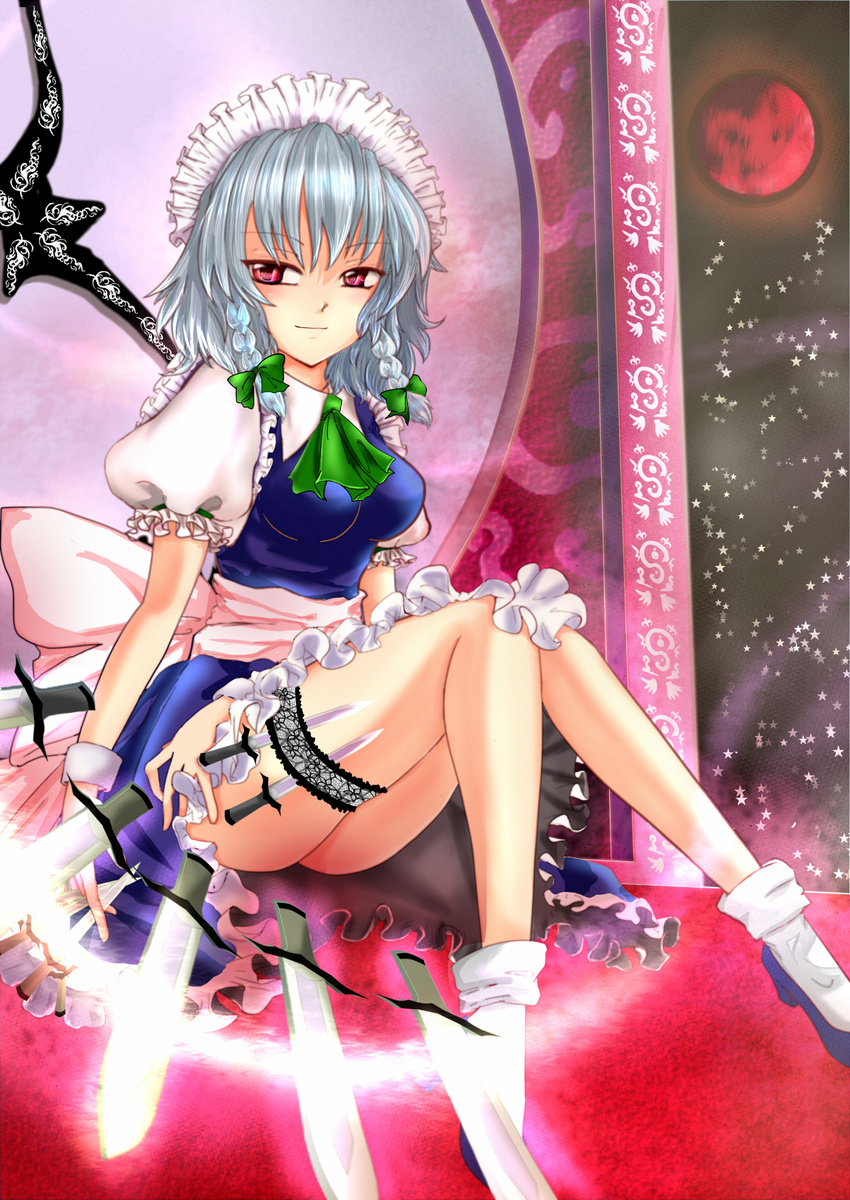 bad_id bad_pixiv_id braid garters highres izayoi_sakuya knife maid moon pinkrojar red_eyes red_moon short_hair silver_hair solo thigh_strap touhou twin_braids weapon_in_garters