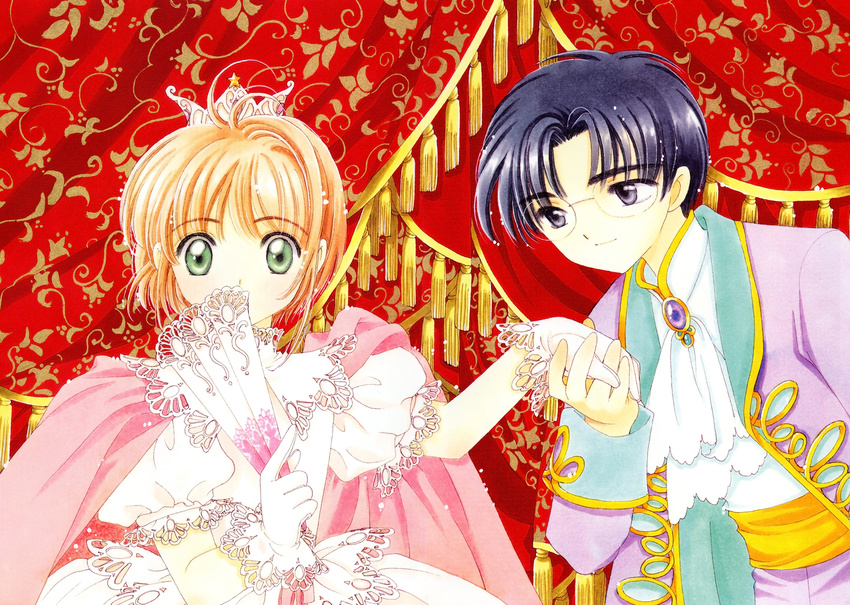1girl 90s absurdres blue_hair brooch brown_hair cardcaptor_sakura clamp covering_mouth cravat crown curtains dress fan folding_fan formal glasses gloves green_eyes hetero highres hiiragizawa_eriol holding_hands jewelry kinomoto_sakura lace lace-trimmed_collar lace-trimmed_gloves lace-trimmed_sleeves long_sleeves looking_at_another looking_at_viewer official_art puffy_short_sleeves puffy_sleeves short_hair short_sleeves tassel white_dress white_gloves