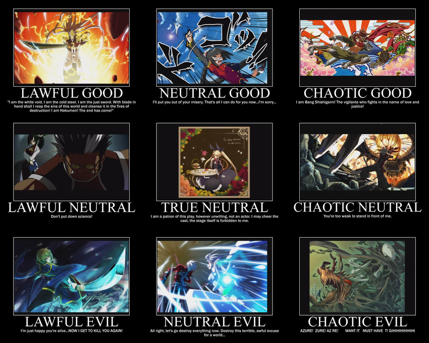 5boys alignment_chart arakune blazblue hakumen highres litchi_faye_ling multiple_boys multiple_girls nu-13 rachel_alucard ragna_the_bloodedge shishigami_bang