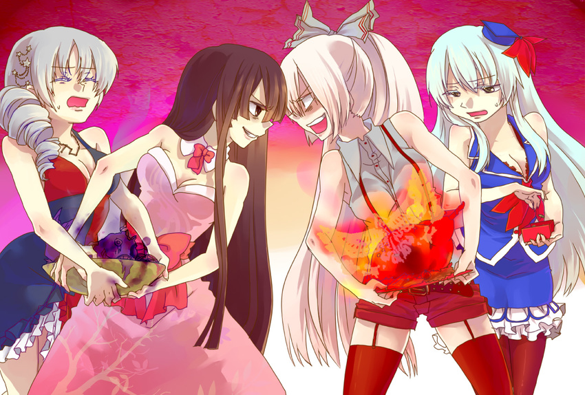 bad_id bad_pixiv_id black_hair bow breasts cleavage dress fire fujiwara_no_mokou grin hair_bow hat houraisan_kaguya kamishirasawa_keine large_breasts long_hair multiple_girls pantyhose ribbon rivalry silver_hair smile suspenders thighhighs touhou yagokoro_eirin zanunoneko