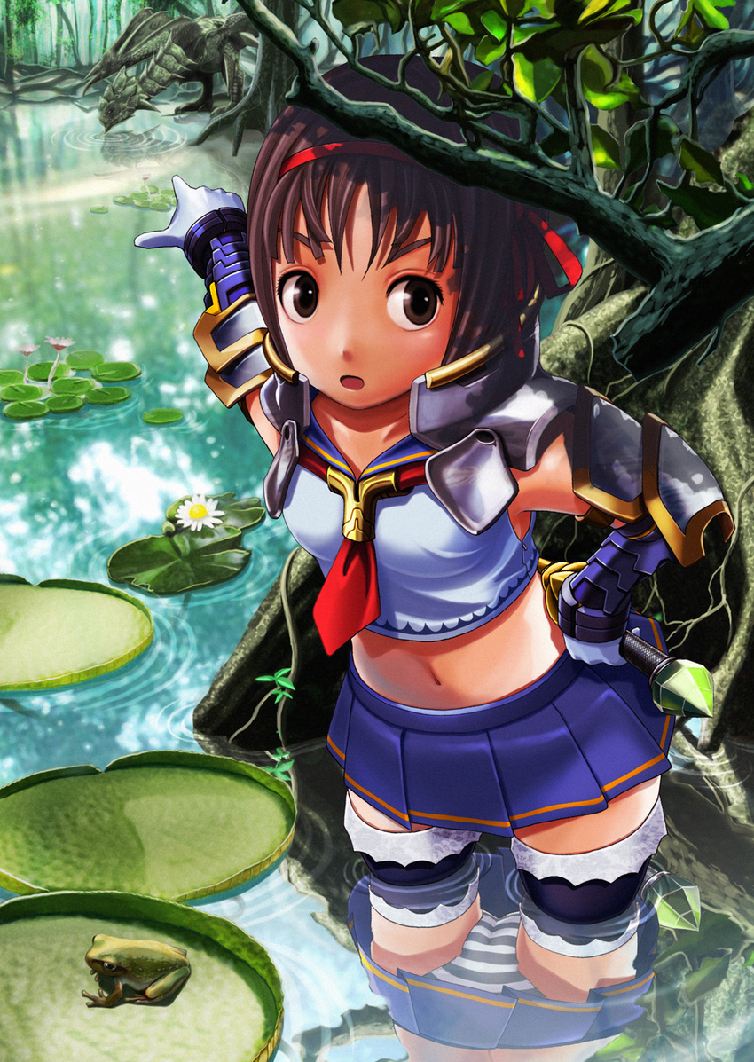 :o armor brown_eyes brown_hair crop_top frog hairband hand_on_hip highres md5_mismatch midriff monster_hunter navel panties pointing rathian reflection skirt solo striped striped_panties sword thighhighs underwear v-mag wading water weapon