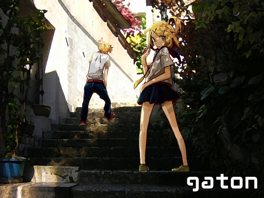 1girl ahoge aqua_eyes bad_id bad_pixiv_id bag blonde_hair brother_and_sister candy faux_traditional_media flower food from_behind hair_ornament hairclip hand_on_hip handbag hands_in_pockets kagamine_len kagamine_rin legs lollipop looking_back moke_(gaton) necktie plant ponytail school_uniform serafuku shade shoes short_hair siblings skirt stairs sunlight tongue twins vocaloid