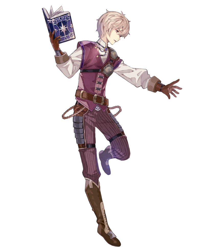 1boy belt book boots fire_emblem fire_emblem_echoes:_mou_hitori_no_eiyuuou fire_emblem_heroes full_body gloves highres kliff_(fire_emblem) male_focus nintendo official_art open_mouth pink_eyes solo transparent_background white_hair