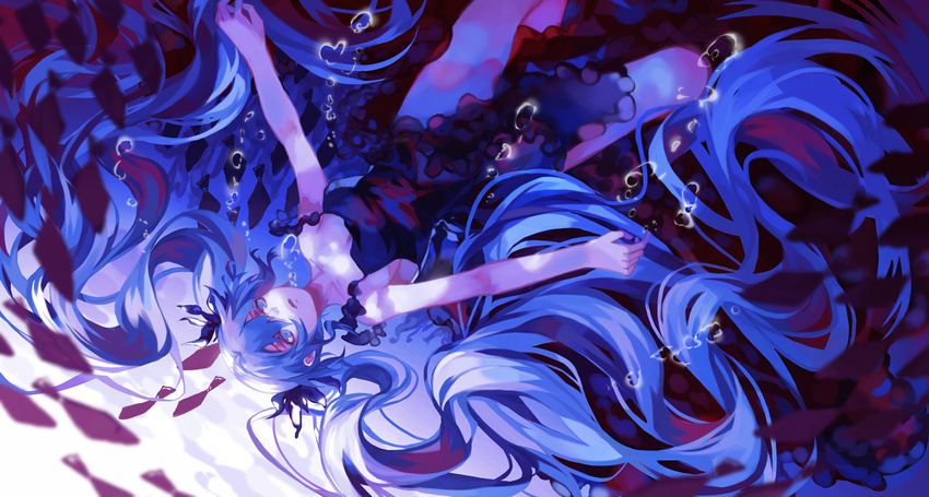 91_(968087) absurdly_long_hair air_bubble bad_id bad_pixiv_id bare_arms black_dress blue_eyes bubble dress fish hatsune_miku long_hair open_mouth shinkai_shoujo_(vocaloid) solo twintails underwater upside-down very_long_hair vocaloid