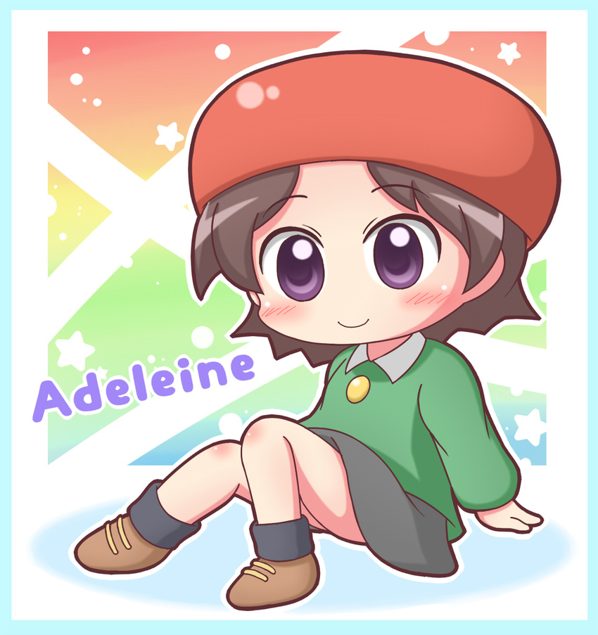 adeleine black_hair black_skirt blush character_name chibi grouse01 hat highres kirby_(series) kirby_64 multicolored multicolored_background purple_eyes rainbow_background shirt shoes sitting skirt solo