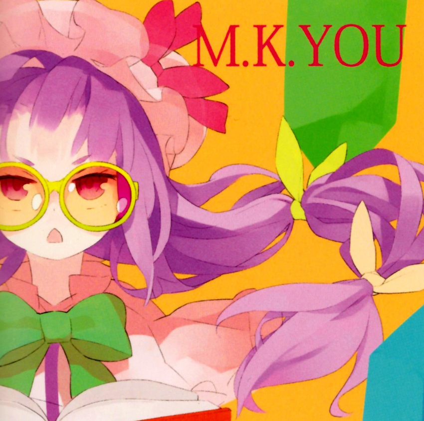 bespectacled book bow bowtie capelet chestnut_mouth glasses hair_bow hair_ornament hat hat_bow highres long_hair looking_at_viewer mob_cap mukyuu open_book open_mouth orange_background patchouli_knowledge purple_hair red_eyes shihou_(g-o-s) simple_background solo text_focus touhou