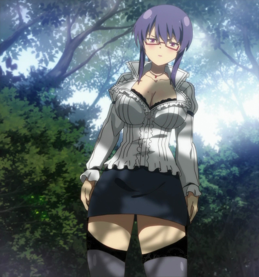 1girl breasts female glasses large_breasts mole purple_hair red_eyes screencap senran_kagura senran_kagura_estival_versus skirt solo standing stitched suzune_(senran_kagura)