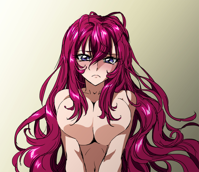 blush breasts cross_ange highres hilda_(cross_ange) kurou_(drilun) large_breasts long_hair looking_at_viewer nude purple_eyes purple_hair solo tears upper_body wavy_hair