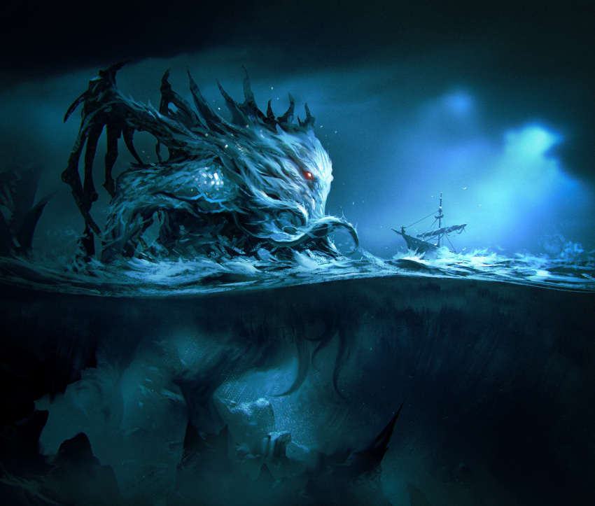 absurdres cloud cloudy_sky cthulhu cthulhu_mythos dark from_side giant giant_monster glowing glowing_eyes highres kalmahul moonlight night no_humans ocean red_eyes ship sky standing tentacles torn_wings underwater water watercraft wings