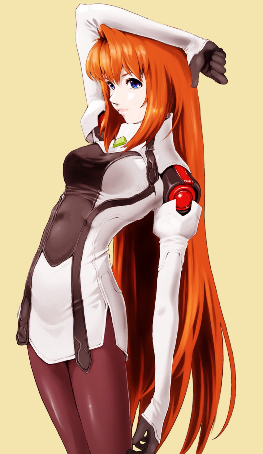 arm_up blue_eyes elhaym_van_houten highres lips long_hair orange_hair pantyhose red_legwear solo very_long_hair vesper xenogears