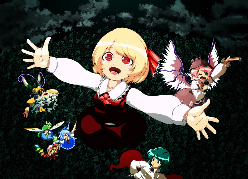 :d :t antennae bird_wings blonde_hair blue_eyes cape cirno daiyousei dragging dress fangs flandre_scarlet forest frilled_dress frills green_eyes green_hair hair_ribbon komeiji_koishi microphone multiple_girls music mystia_lorelei nature night open_mouth outstretched_arms pine_tree red_eyes ribbon rumia shirt singing skirt smile spread_arms sugiura_rippu team_9 touhou tree vest wings wriggle_nightbug