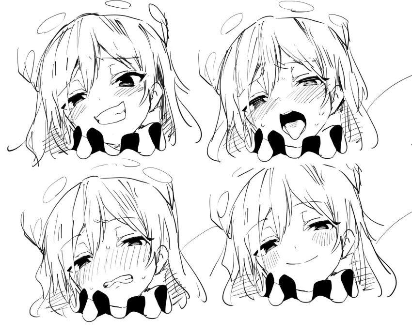 1girl bangs blush clenched_teeth clownpiece commentary_request eyebrows_visible_through_hair fairy_wings grin hair_between_eyes half-closed_eyes head_tilt long_hair manarou monochrome multiple_views neck_ruff nose_blush open_mouth polka_dot polka_dot_hat simple_background sketch smile sweat teeth tongue tongue_out touhou white_background wings