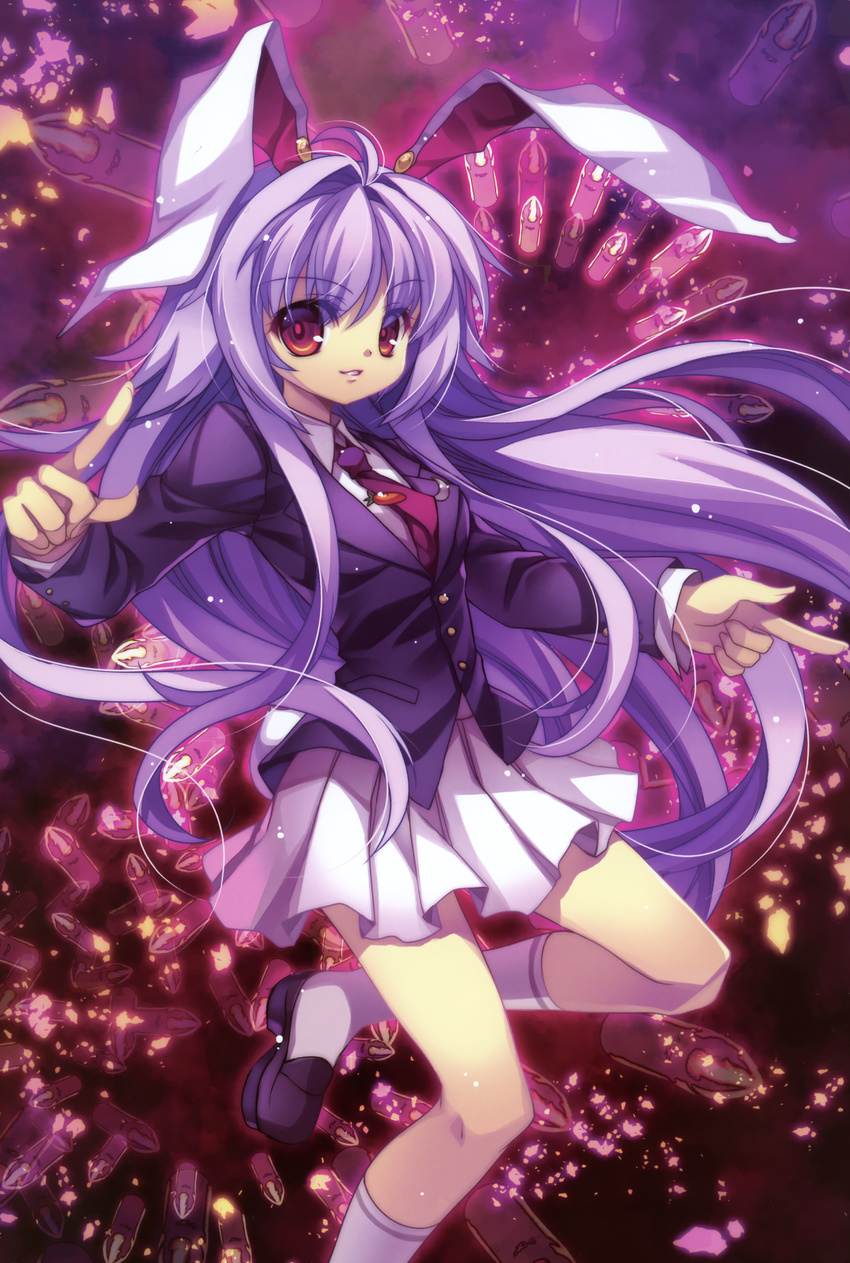 absurdres animal_ears brooch bullet bunny_ears bunny_tail capura_lin carrot crescent highres jacket jewelry kneehighs lavender_hair long_hair long_sleeves looking_at_viewer necktie parted_lips pointing red_eyes red_neckwear reisen_udongein_inaba scan shirt shoes skirt smile solo tail touhou vest white_legwear