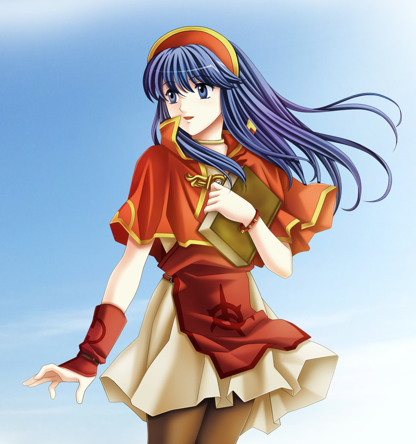 :d blue_background blue_eyes blue_hair book bracelet brown_background capelet choker fire_emblem fire_emblem:_fuuin_no_tsurugi highres holding holding_book jewelry lilina long_hair open_mouth pantyhose skirt smile solo tamamon white_skirt