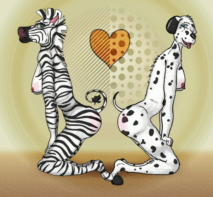 &lt;3 abstract_background anthro black_nose blue_eyes breasts butt canine dalmatian dog duo equine felixspeagel female fur green_eyes kneeling looking_at_viewer mammal mane mohawk nipples nude one_eye_closed pink_nose pinup pose raised_tail shaded smile spots spotted_fur striped_fur stripes tongue tongue_out toony wink zebra