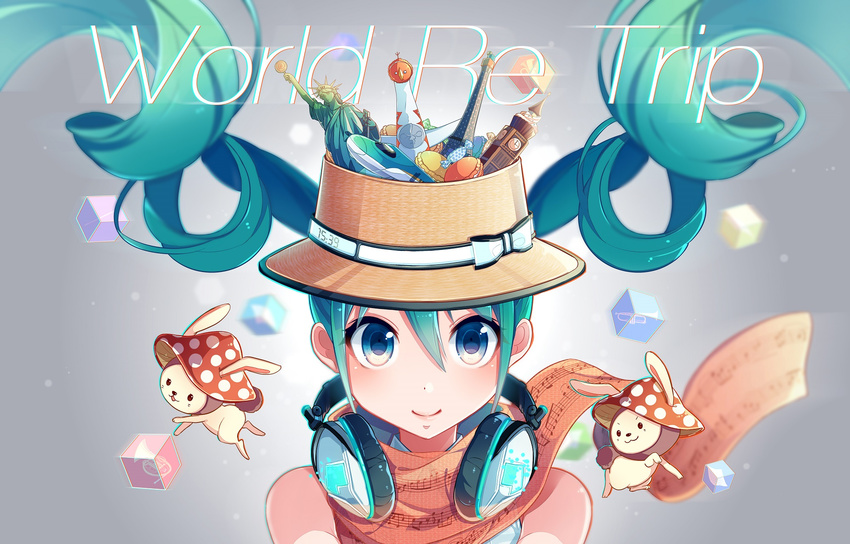 39 beamed_eighth_notes bunny eighth_note eighth_rest green_hair half_note hat hatsune_miku headphones headphones_around_neck highres long_hair looking_at_viewer musical_note musical_note_print nou quarter_note smile solo staff_(music) twintails upper_body vocaloid
