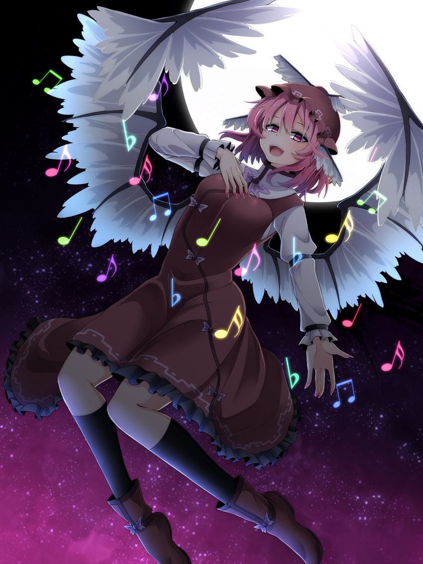 animal_ears beamed_eighth_notes bird_wings brown_dress dress eighth_note flat_sign full_moon hat highres jewelry juliet_sleeves long_sleeves looking_at_viewer moon music musical_note mystia_lorelei night open_mouth pink_eyes pink_hair puffy_sleeves quarter_note rihito_(usazukin) shirt singing single_earring sixteenth_note sky smile solo star_(sky) starry_sky touhou wings