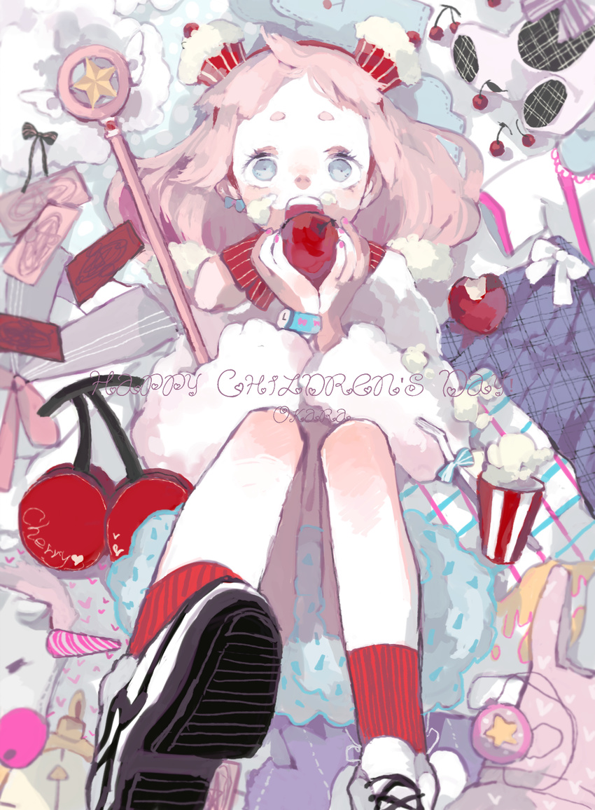 apple artist_name blue_eyes card cardcaptor_sakura cherry cupcake food food_on_face from_above fruit hairband highres holding holding_food holding_fruit hoshi_no_tsue legs_up looking_at_viewer lying okara_(cacacerulean) on_back open_mouth original pink_hair shoes sneakers socks solo staff watch wristwatch