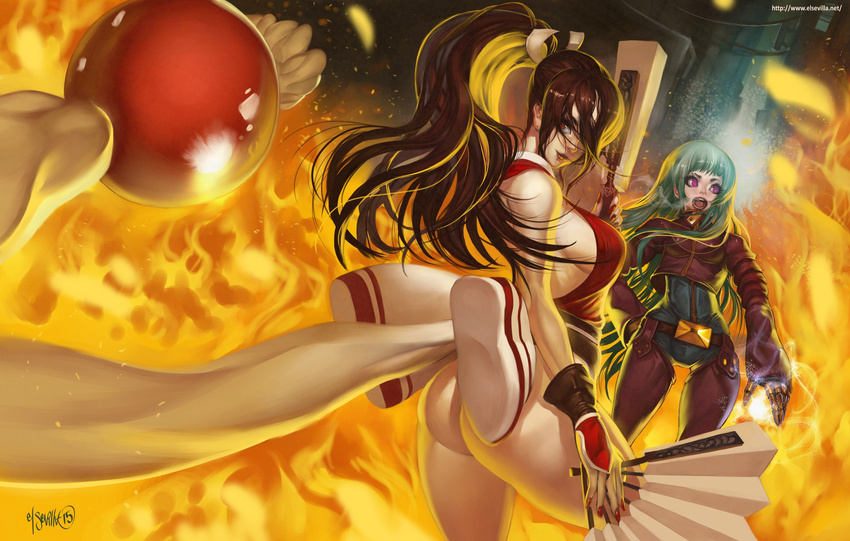 blue_hair breasts brown_hair chaps closed_fan cropped_jacket fan fatal_fury fire folding_fan gloves hector_enrique_sevilla_lujan highres huge_breasts kula_diamond large_breasts long_hair multiple_girls ninja pelvic_curtain ponytail red_eyes revealing_clothes shiranui_mai sideboob smile the_king_of_fighters thighhighs