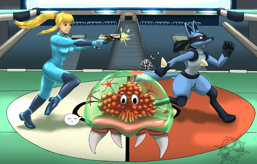 2010 alien alternate_color ambiguous_gender angry bag black_fur blonde_hair blue_eyes blue_fur clothed clothing crossover female fight fur googly_eyes group gun hair human humor inside lucario male mammal metroid mykiio nintendo nude open_mouth pok&eacute;ball pok&eacute;mon ponytail ranged_weapon red_eyes running samus_aran speech_bubble super_smash_bros teeth video_games weapon white_fur zero_suit