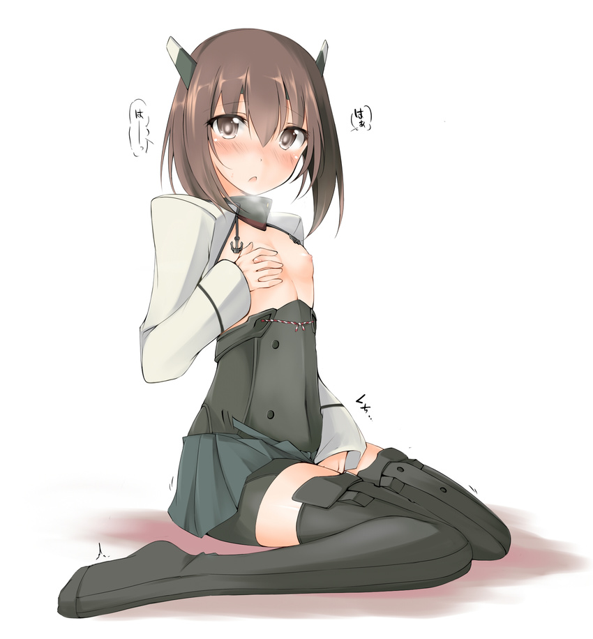 blush breasts brown_eyes brown_hair hair_between_eyes highres kaminagi_(kaminagi-tei) kantai_collection knees_together_feet_apart looking_at_viewer masturbation nipples open_mouth short_hair sitting small_breasts solo taihou_(kantai_collection) translated wariza