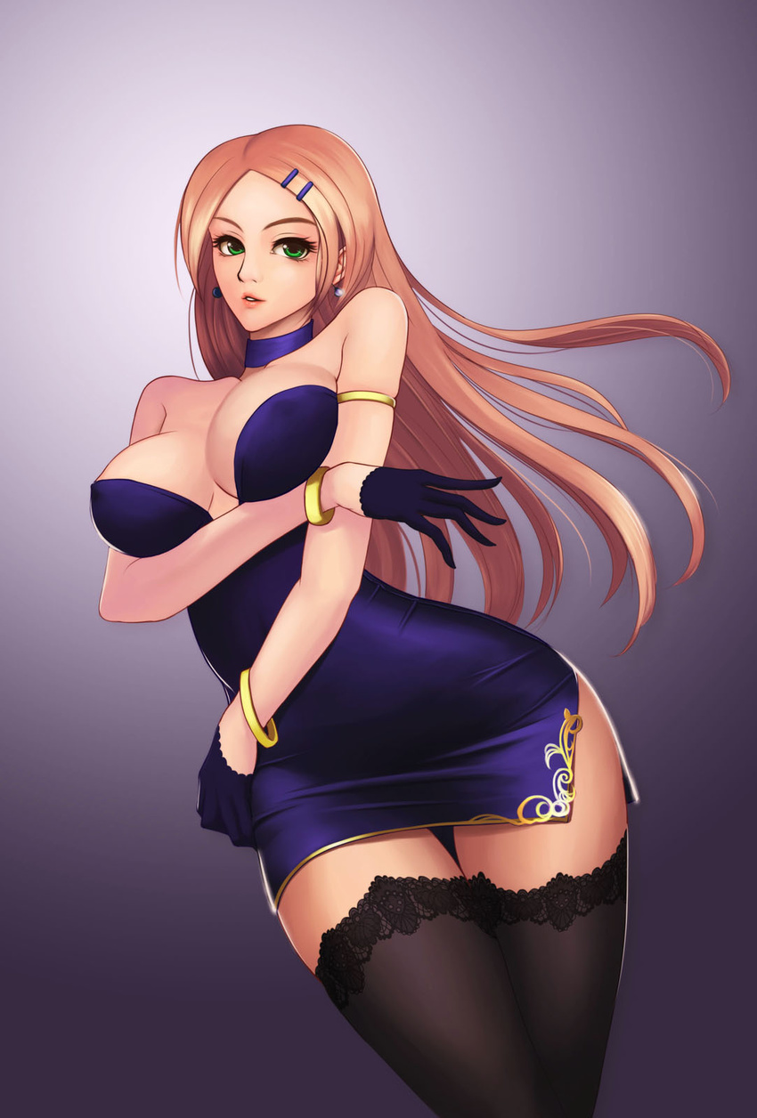 armlet bare_shoulders bracelet breasts earrings gradient gradient_background green_eyes hair_ornament hairclip highres jewelry large_breasts long_hair looking_at_viewer original purple_background qinglong_zaitian red_hair sketch solo thighhighs wide_hips