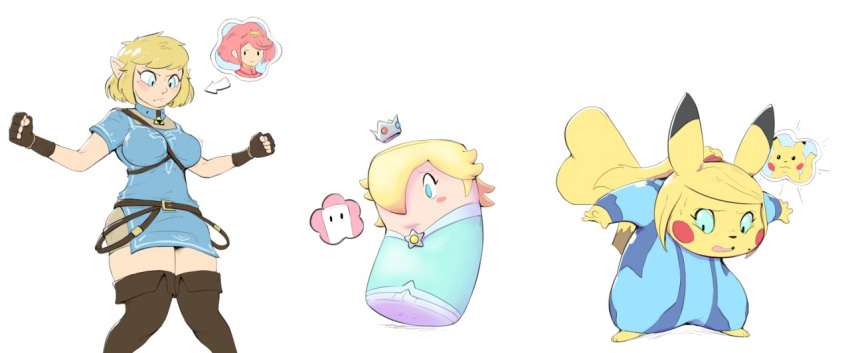 2018 anthro blonde_hair blush breasts clothed clothing crown female gender_transformation group hair human_to_anthro human_to_inanimate humanoid hylian inanimate_transformation link mario_bros metroid mtf_transformation nintendo open_mouth pikachu pok&eacute;mon pok&eacute;mon_(species) rosalina_(mario) samus_aran sandbag semi-anthro simple_background standing subakitsu super_mario_galaxy surprise the_legend_of_zelda transformation video_games white_background zero_suit