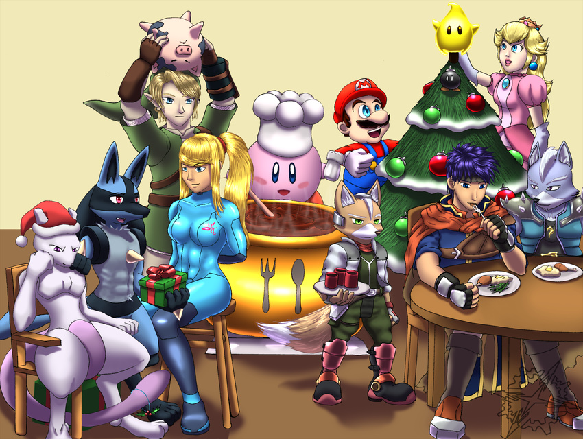 2010 abs alternate_color armor black_fur blonde_hair blue_eyes blue_fur blue_hair bom-omb boots brown_fur canine chair christmas clothed clothing crossover crown dress eating facial_hair female fire_emblem food fox fox_mccloud fur gift gloves grey_fur group hair hat headband hi_res holding holidays human ike jacket kirby kirby_(series) legendary_pok&eacute;mon link lucario luma male mammal mario mario_bros metroid mewtwo mistletoe muscles muscular_female mustache mykiio nintendo nude open_mouth pig plant pok&eacute;mon ponytail porcine princess_peach purple_eyes purple_skin red_eyes royalty samus_aran scarf star_fox super_smash_bros table the_legend_of_zelda tree video_games white_fur white_skin wolf wolf_o'donnell zero_suit