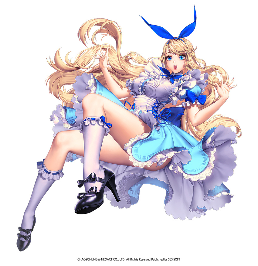 :o alice_(wonderland) alice_(wonderland)_(cosplay) alice_in_wonderland black_footwear blonde_hair blue_eyes blue_ribbon center_frills chaos_online company_name copyright_name cosplay dress full_body high_heels highres kneehighs long_hair love_cacao no_panties official_art open_mouth ribbon sheryl_(chaos_online) shoes simple_background solo surprised white_background white_legwear
