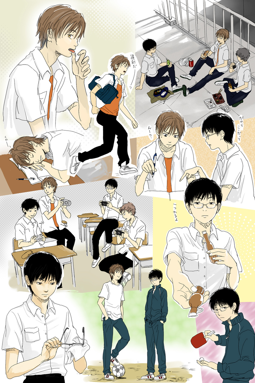 black_hair brown_hair cleaning_glasses collage desk drink drinking eyewear_removed giving glasses handheld_game_console highres holding holding_eyewear licking lunch male_focus multiple_boys on_desk open_clothes open_shirt original paddle pen playstation_portable re:i rooftop running school_uniform shirt sitting sitting_on_desk sleeping soccer_ball table_tennis_paddle telstar track_suit translation_request