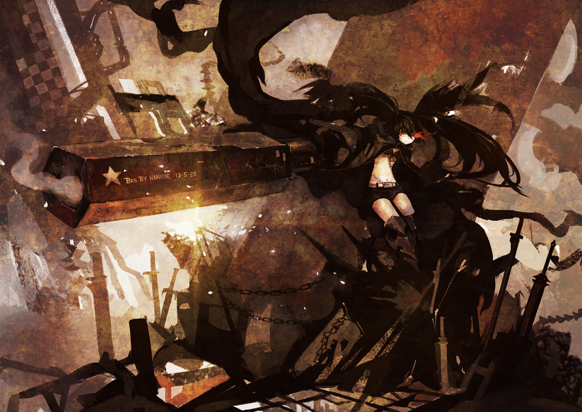 absurdly_long_hair arm_cannon bikini_top black_hair black_rock_shooter black_rock_shooter_(character) burning_eye chain highres kklaji008 long_hair looking_at_viewer midriff red_eyes scar sepia shorts solo sword twintails uneven_twintails very_long_hair weapon